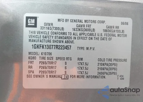 2007 GMC Yukon Slt z USA, uszkodzony, nr VIN 1GKFK13077R223457